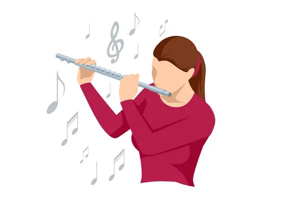 Mujer Isométrica Toca Flauta Instrumento Orquestal Flauta Viento Madera — Vector de stock