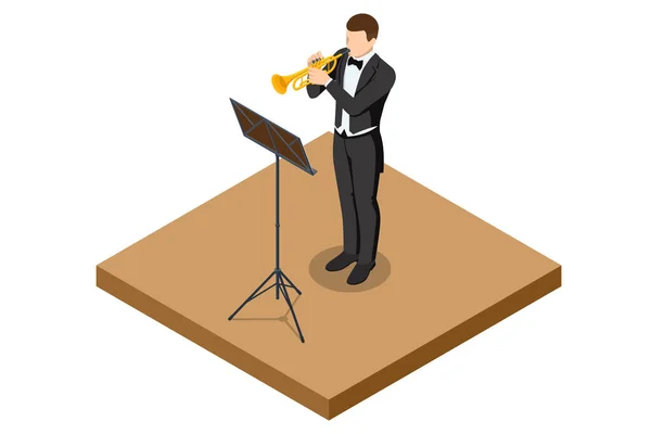 Hombre Isométrico Tocando Trompeta Trompeta Instrumento Musical — Vector de stock
