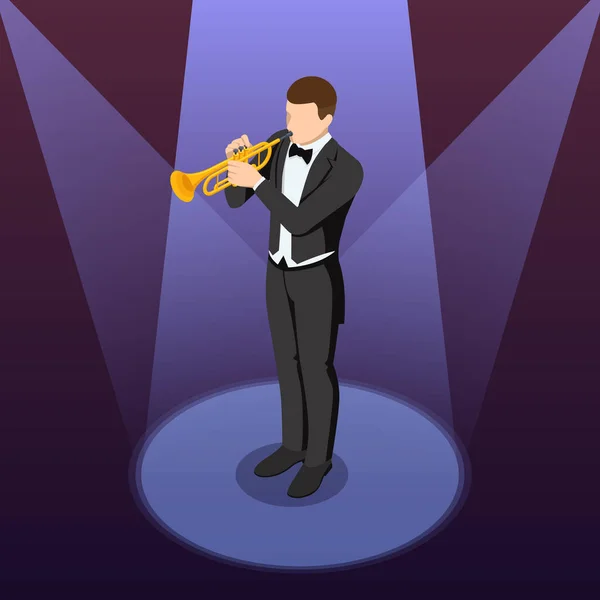 Izometrický Muž Hraje Trumpetu Hudební Nástroj Trubka — Stockový vektor