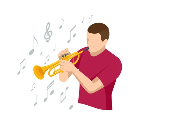 Ізометричний Чоловік Грає Своїй Трубі Музичний Інструмент Труби — стоковий вектор
