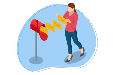 Isometric E- posta Bildirimi Konsepti. Çevrimiçi Sohbet Sosyal Metin Konsepti. Konserve et. Yeni E- posta, Mesajlaşma, E- posta Pazarlama Çalışma süreci, Yeni e- posta iletisi.