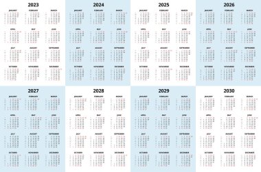 Takvim Planlayıcısı 2023 - 2030. Takvim şeması. Yazdırma Şablonu