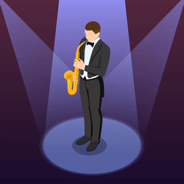 Homem Isométrico Tocar Saxofone Instrumento Jazz Saxofónico Músico Jazz Blues — Vetor de Stock