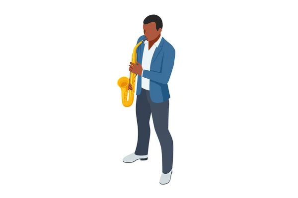 Isometryczny Człowiek Grający Saksofonie Saksofonowy Instrument Jazzowy Muzyk Jazzowy Lub — Wektor stockowy