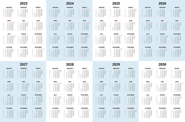 Planificador Calendario 2023 2030 Plantilla Calendario Plantilla Impresión Diseño — Archivo Imágenes Vectoriales