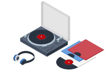 Isometric Vinil LP kaydedici beyaz arkaplan üzerinde izole edilmiş vinil diskle kayıt oynatıcı .