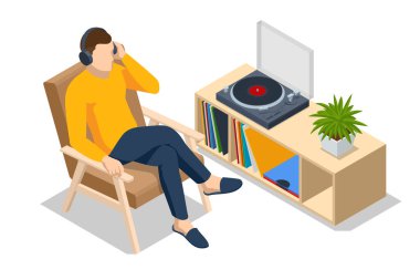 Isometric Vinil LP kaydedici beyaz arkaplan üzerinde izole edilmiş vinil diskle kayıt oynatıcı .