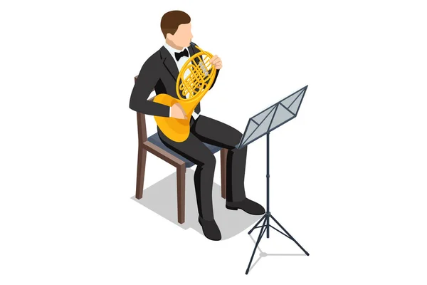 Изометрический Музыкант Играющий Золотой Французский Рог Зале Жестком Свете Изолированном — стоковый вектор