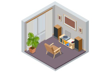 Isometric Vinil LP kaydedici. Pikablı, yükseltici ve hoparlörlü HiFi sistemi.