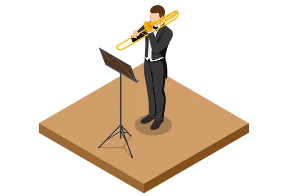 Izometrický Dechový Nástroj Trombónového Orchestru Mužský Hudebník Hrající Trombón — Stockový vektor