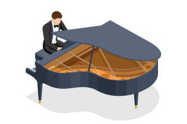 Piyano çalan Isome 'lı adam. Beyaz arka planda izole edilmiş müzik enstrümanı Grand piano. Klasik müzik aleti Grand piano.