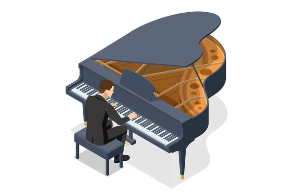 Hombre Isométrico Tocando Piano Instrumento Musical Piano Cola Aislado Sobre — Vector de stock