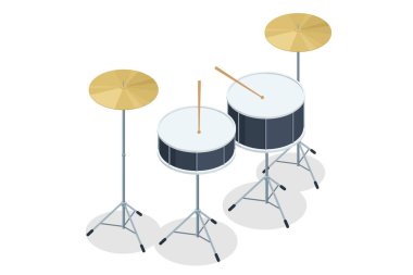 Beyaz zemin üzerinde bagetleri olan Isometric Black Drum Kit.