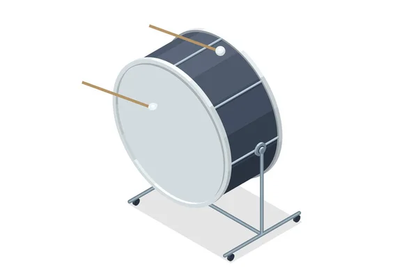 白い背景に独立したドラムスティックを持つアイソメトリッククラシック楽器の大きなドラム — ストックベクタ