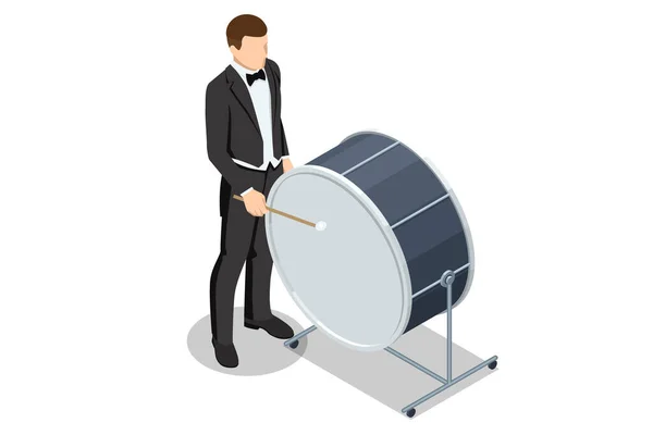 Ισομετρική Κλασικό Μουσικό Όργανο Μεγάλο Τύμπανο Drum Sticks Απομονώνονται Λευκό — Διανυσματικό Αρχείο