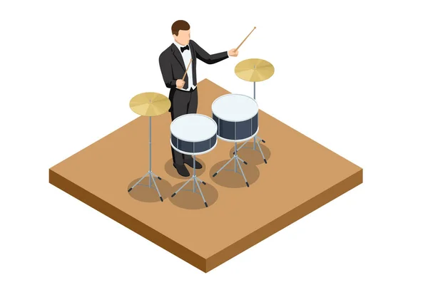 Isometrische Black Drum Kit Met Drumsticks Geïsoleerd Witte Achtergrond Mannelijke — Stockvector