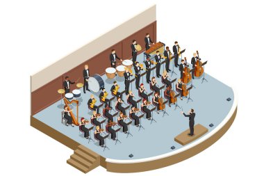 Isometric Senfoni Orkestrası. Senfoni orkestrası sahnede performans sergiliyor ve orkestra şefiyle tiyatroda klasik müzik konseri veriyor..
