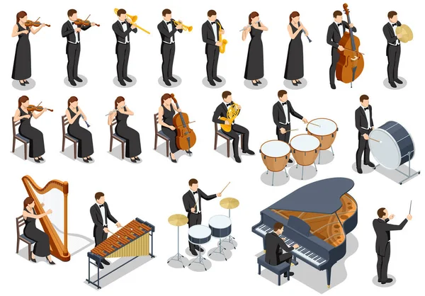 Orquestra Sinfônica Isométrica Conjunto Grupo Orquestra Pessoas Criativas Tocando Instrumentos — Vetor de Stock