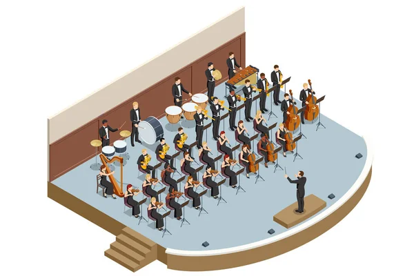 等距交响乐团 交响乐团在舞台上表演 并在剧场与指挥一起演奏古典音乐音乐会 — 图库矢量图片