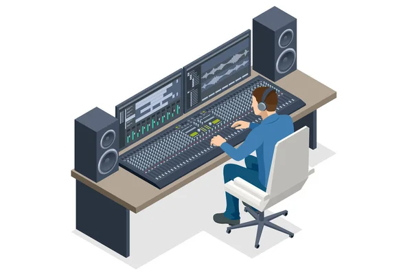 Estúdio Isométrico Gravação Música Engenheiro Trabalhando Mixer Estúdio Gravação Produtor — Vetor de Stock
