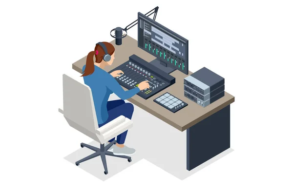 Isometric Music Recording Studio Inženýr Pracuje Nahrávacím Studio Mixéru Producent — Stockový vektor