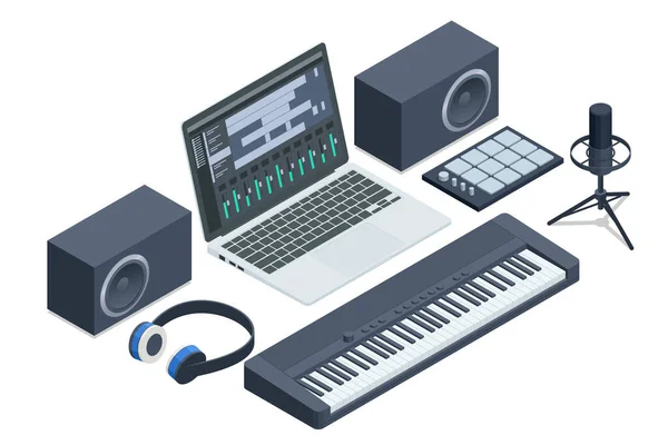 Portré Audio Engineer Munka Music Recording Studio Használja Mixing Board — Stock Vector