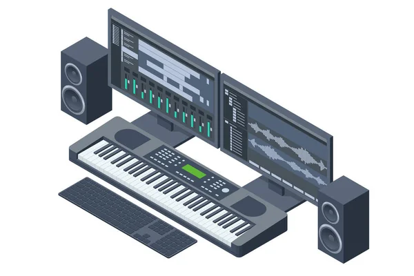 Portrait Audio Engineer Working Music Recording Studio Uses Mixing Board — Stock Vector