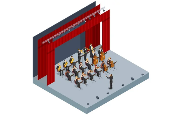 Orquestra Sinfônica Isométrica Orquestra Cordas Sinfônicas Apresentando Palco Tocando Concerto —  Vetores de Stock