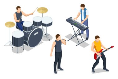 Isometric müzik grubu bir konser sahnesinde sahne alacak. Davulcu, rock yıldızı gitarist, elektro gitar, rock grubu vokalisti. .