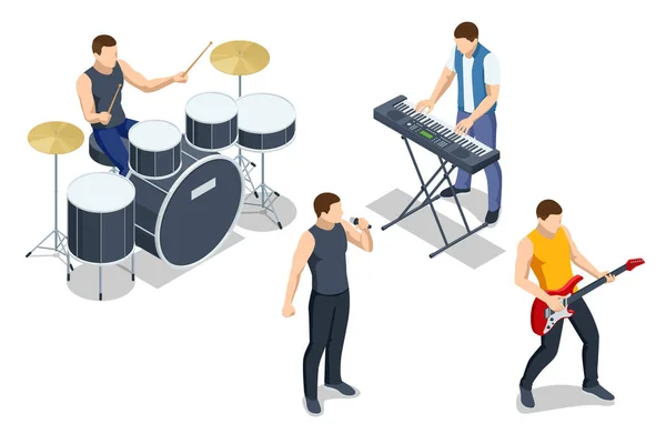 Isometric Music Band Group Perform Concert Stage Drummer Playing Drums — Stock Vector