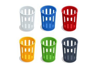 Isometric beyaz bir arkaplan üzerine çöp kutusu açıp boşalttı. Boş çöp kutusu.