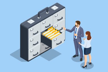 Dosya dolabında dört çekmece var. Isometric dosya depolama, veri arşivleme iş yönetimi.