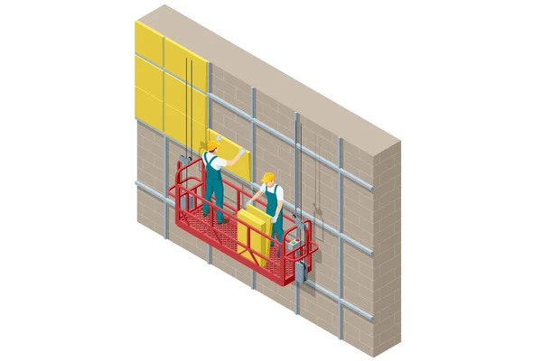 幾何学外的な壁の絶縁材システム 建物のファサードの絶縁材の仕事 スタイロフォームファサードレイヤー 屋外の壁タイルを保持するハードハットの労働者 — ストックベクタ