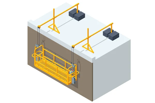 イソメトリック建築ゴンドラ ゴンドラは 建物の上部または高い壁から中断されたプラットフォームクレードルであり 2つのドライブモータユニットの助けを借りて上げたり下げたりすることができます — ストックベクタ