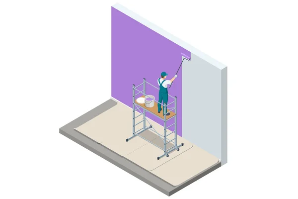 Isometric Worker Beim Bemalen Der Wand Umfangreiches Gerüst Bietet Arbeitsbühnen — Stockvektor