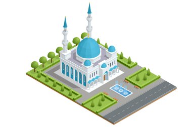 İslam 'daki Isometric Kilisesi binası beyaz arka planda izole edilmiş cami, İslam, din..