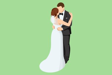 Isometric düğün çifti. Birbirlerini kucaklayan ve birbirlerine bakan sevimli evli çiftler. Evlilik ve aile ilişkileri. Düğün töreni.