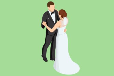 Isometric düğün çifti. Birbirlerini kucaklayan ve birbirlerine bakan sevimli evli çiftler. Evlilik ve aile ilişkileri. Düğün töreni.