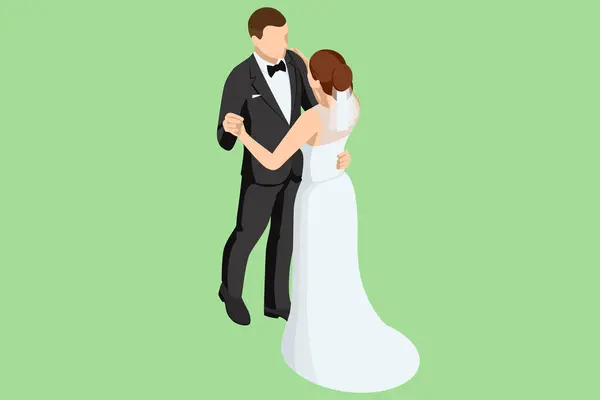 Isometrisches Hochzeitspaar Schönes Ehepaar Das Sich Umarmt Und Anschaut Ehe — Stockvektor