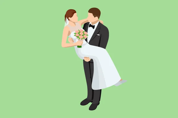 アイソメトリック ウェディング カップル 素敵な夫婦が抱擁し お互いを見つめ合っています 結婚と家族関係 結婚式について — ストックベクタ