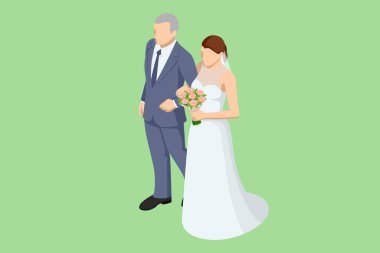 Isometric düğün çifti. Evlilik ve aile ilişkileri. Düğün töreni.