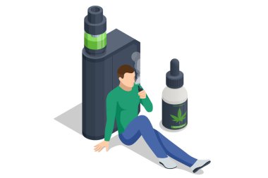 Isometric modern sigara, buhar ve nikotin. E-sigara doldur. Vaping cihazları için sıvılar.