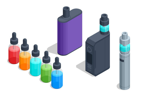 Isometric modern smoking, vaping and nicotine. E-cigarette refills. Liquids for vaping devices.