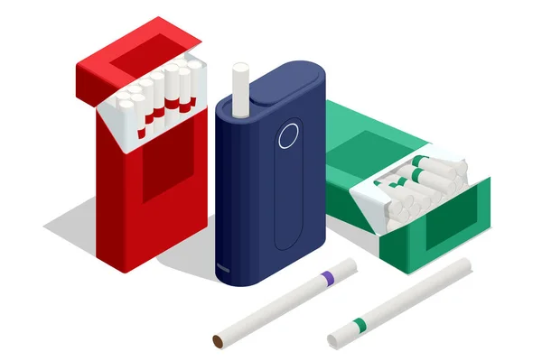 白色背景上的等距电子吸烟装置 电子香烟再充填 蒸汽装置的液体 — 图库矢量图片
