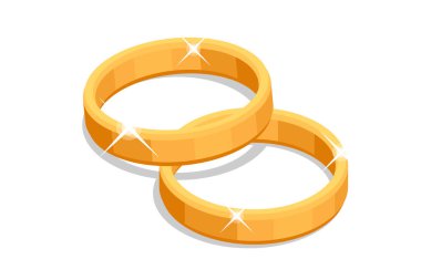 Beyaz üzerinde izole edilmiş altın alyanslar. Damat, gelin, aşk ve düğün.