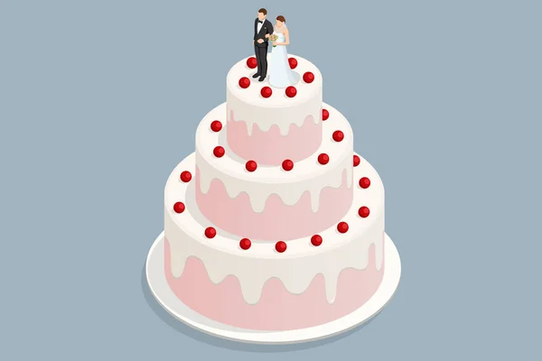 Torta Nuziale Isometrica Con Bacche Statuette Sposa Sposo Cima Dolcezza — Vettoriale Stock