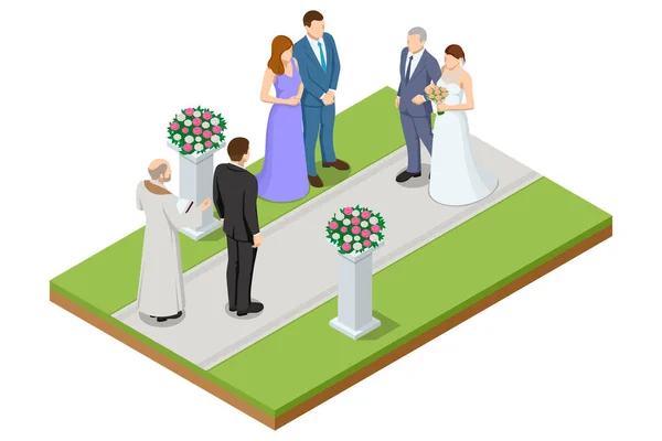 Arco Casamento Isométrico Decorado Com Flores Fica Área Luxuosa Cerimônia — Vetor de Stock