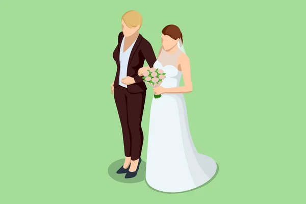 Casal Lésbico Lindo Isométrico Seu Dia Casamento Casamento Mesmo Sexo — Vetor de Stock