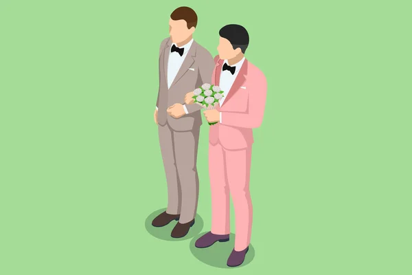 Isometric Gay Couple Wedding Day Elebration Homosexuality Same Sex Marriage — Stock Vector