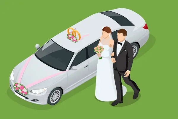 Svatební Výzdoba Auta Izometrická Limuzína Svatební Den Nevěsta Ženich Poblíž — Stockový vektor